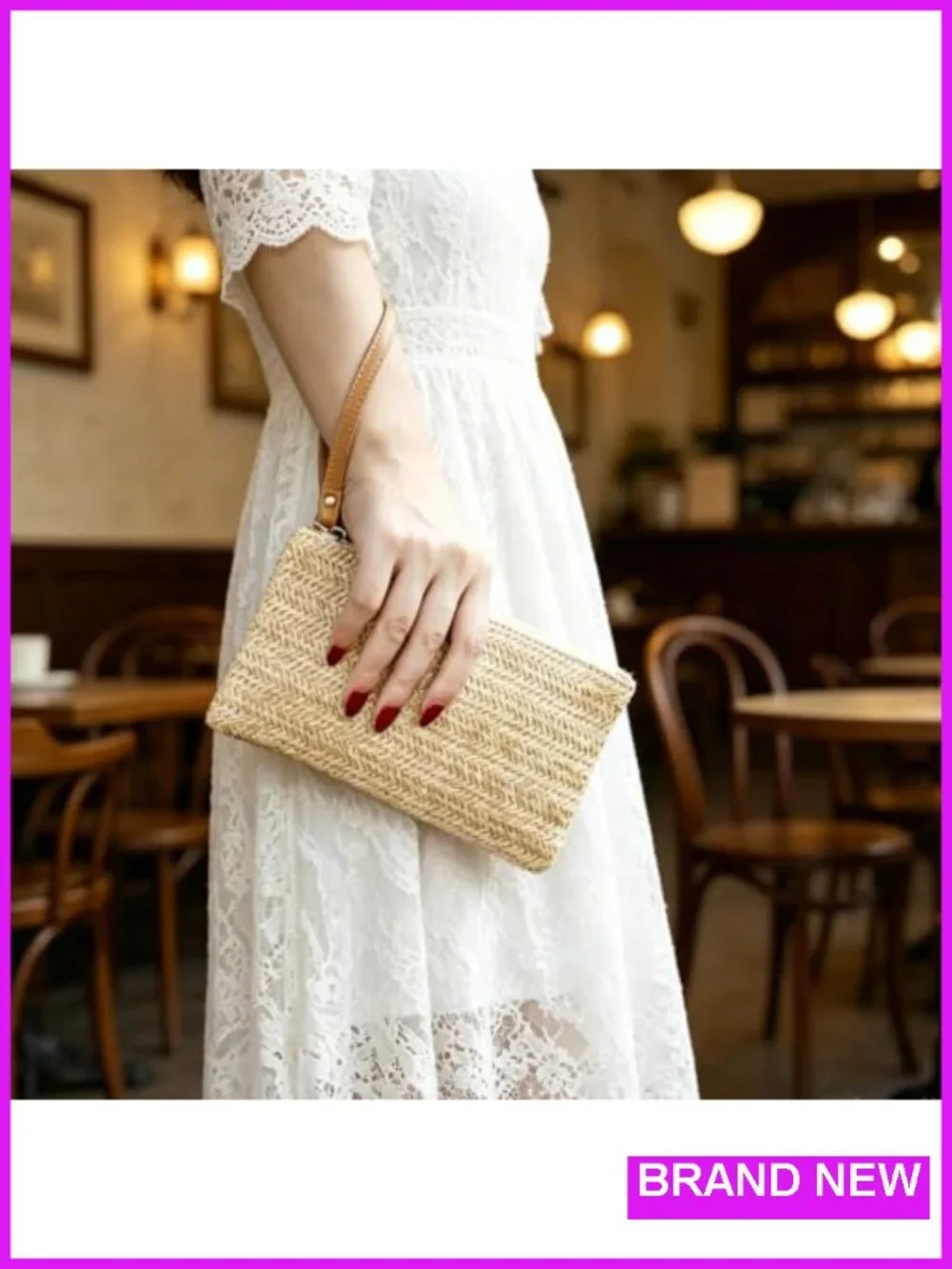 Straw Clutch Purse with Wrist Strap, Wristlet Wallet for Travel